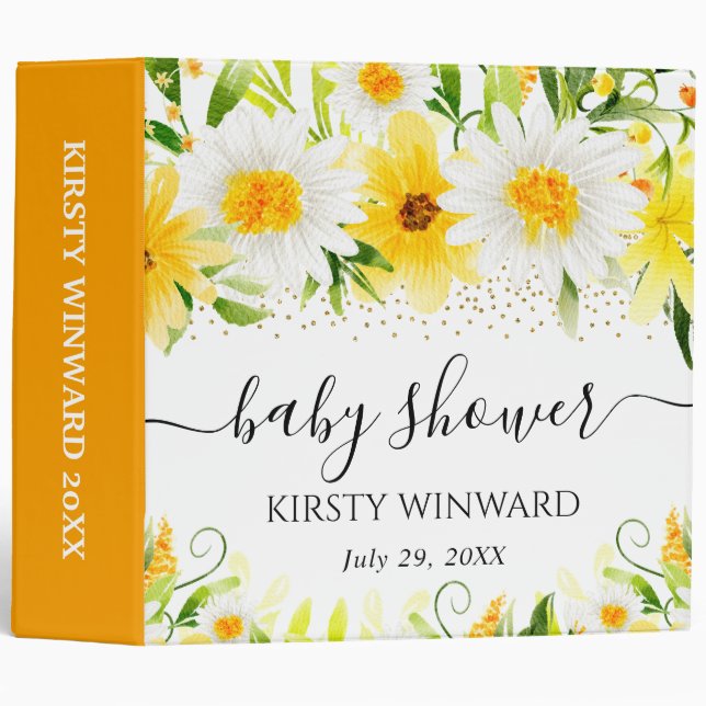 Yellow Flowers & Daisies Baby Shower Photo Album 3 Ring Binder (Front/Spine)