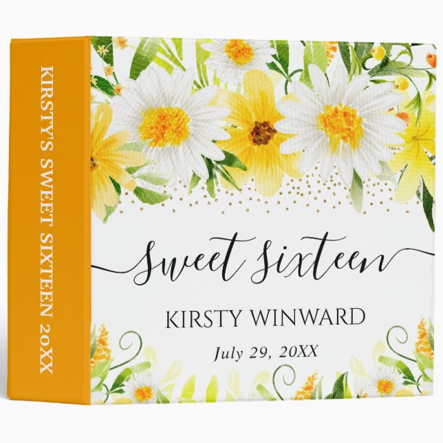 Yellow Flowers & Daisies Sweet 16 Photo Album 3 Ring Binder (Front/Spine)