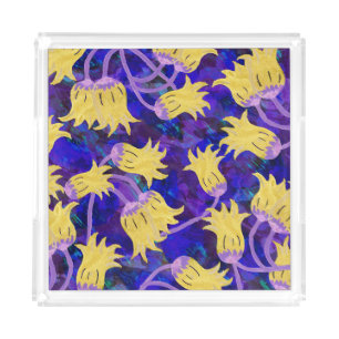 Yellow flowers: dark background watercolor artwork acrylic tray