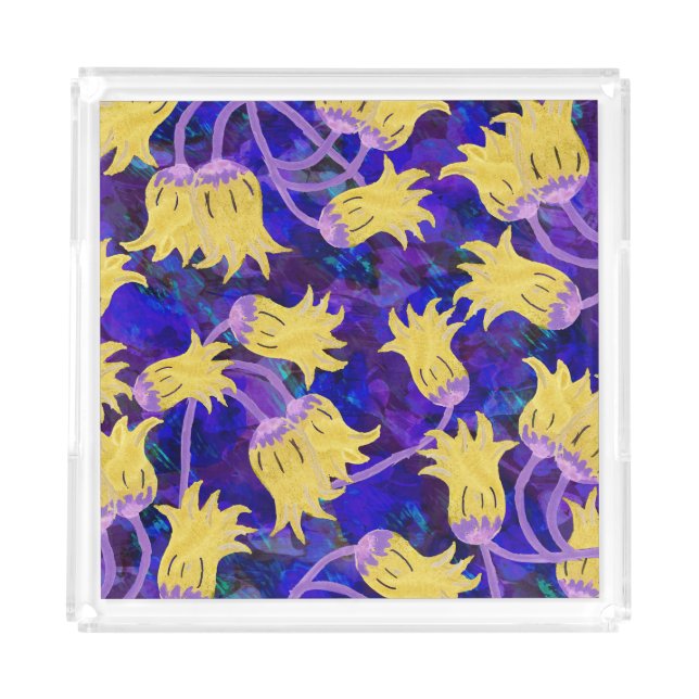 Yellow flowers: dark background watercolor artwork acrylic tray (Front)