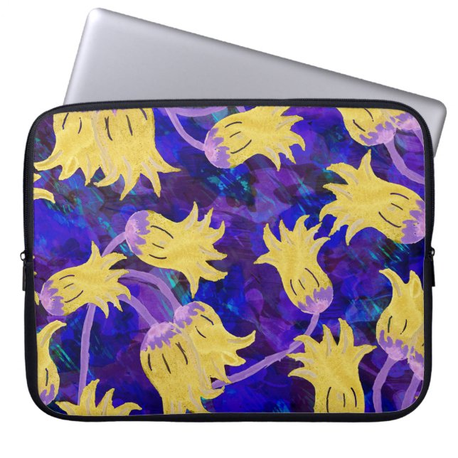 Yellow flowers: dark background watercolor artwork laptop sleeve (Front)