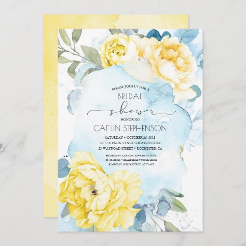 Yellow Flowers Dusty Blue Greenery Bridal Shower Invitation