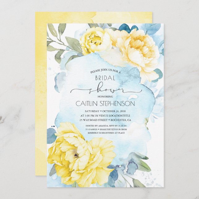 Yellow Flowers Dusty Blue Greenery Bridal Shower Invitation (Front/Back)