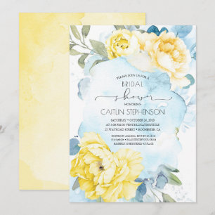 Yellow Flowers Dusty Blue Greenery Bridal Shower Invitation