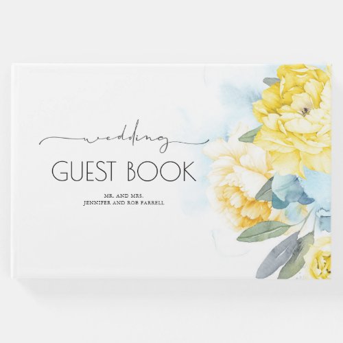 Yellow Flowers Dusty Blue Greenery Wedding Guest Book