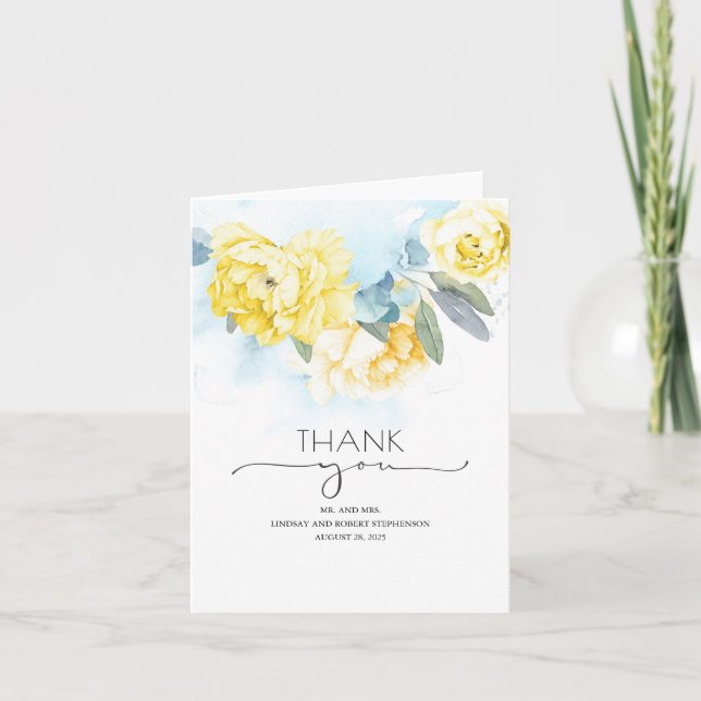 Yellow Flowers Dusty Blue Wedding Thank You (Front)