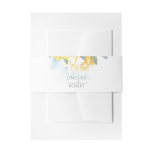 Yellow Flowers Elegant Dusty Blue Wedding Invitation Belly Band