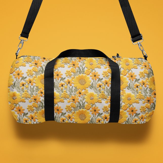 Yellow Flowers Faux Embroidered Floral Pattern Duffle Bag (Creator Uploaded)