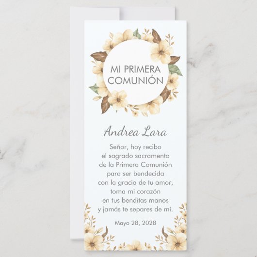 Yellow Flowers First Communion Bookmark in Spanish (Front)