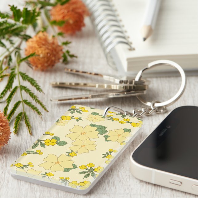 Yellow Flowers, Floral Pattern, Pattern Of Flowers Keychain (Front Right)
