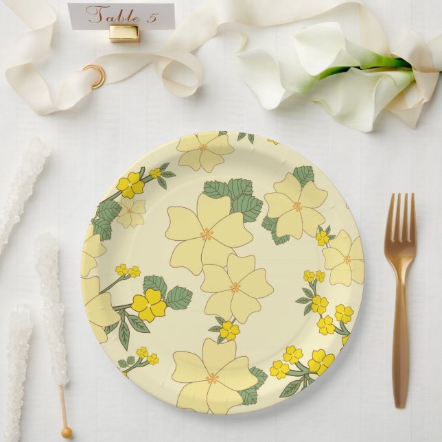 Yellow Flowers, Floral Pattern, Pattern Of Flowers Paper Plates (Wedding)