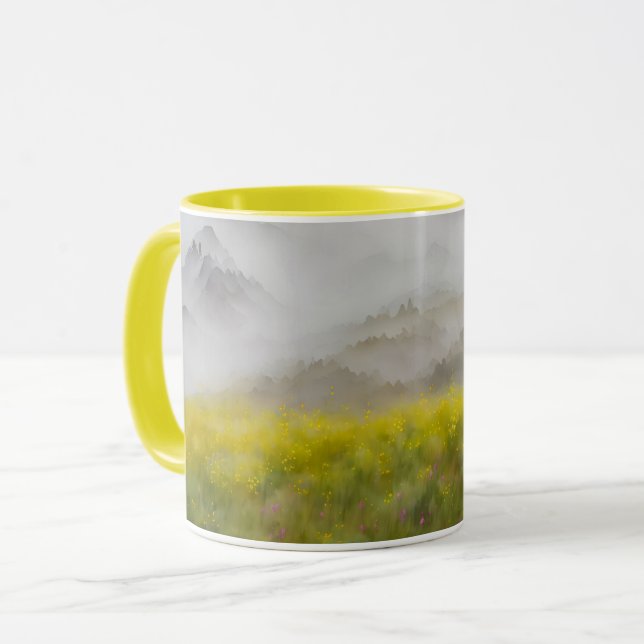 Yellow Flowers Foggy Mountains Art Mug (Front Left)