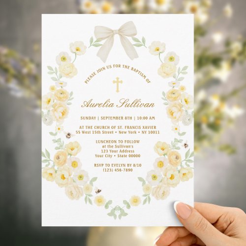 Yellow Flowers Frame Bow Baptism Invitation