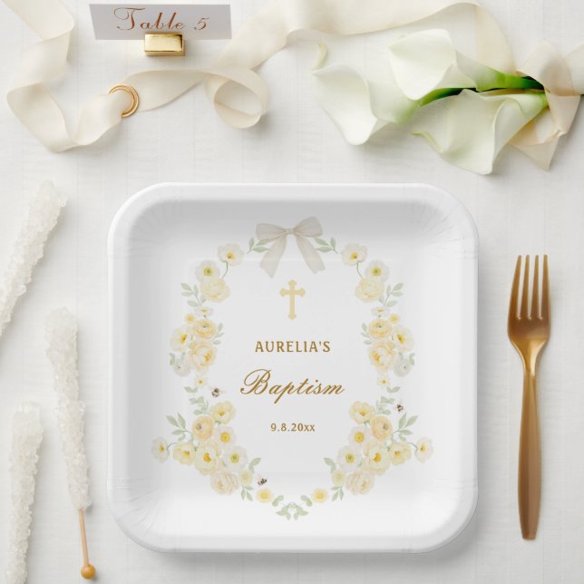 Yellow Flowers Frame Bow Baptism Paper Plates (Wedding)