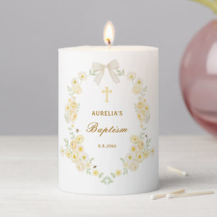 Yellow Flowers Frame Bow Baptism Pillar Candle