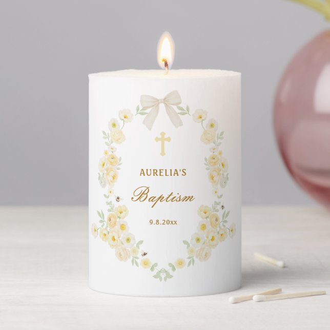 Yellow Flowers Frame Bow Baptism Pillar Candle (In Situ)