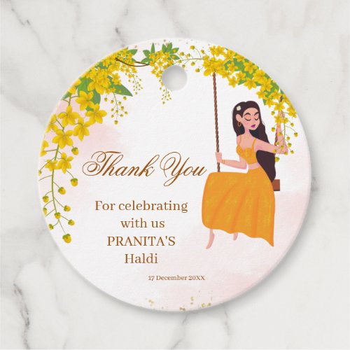 Yellow flowers girls haldi thank you favor tags