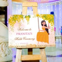 Yellow flowers girl's haldi welcome sign