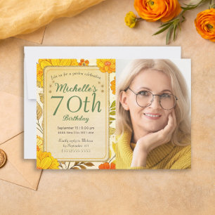 Yellow Flowers Gold Garden Party Photo 70th Invitation