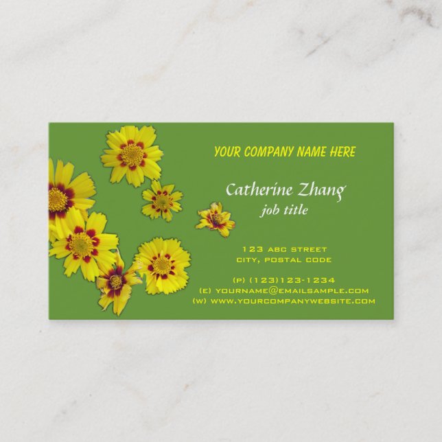 yellow flowers green business card (Front)
