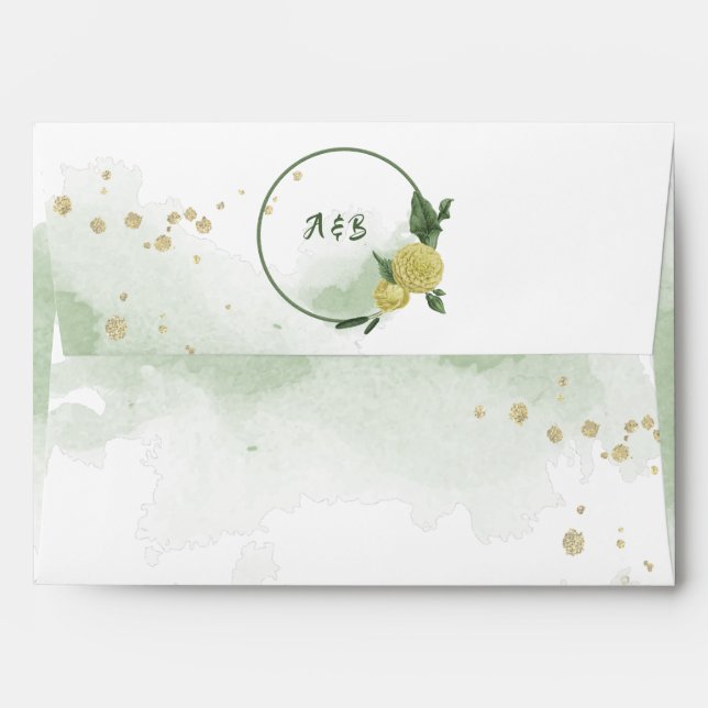 yellow flowers green leaves monogram wedding envelope (Back (Top Flap))