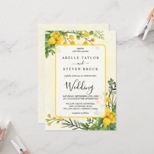 Yellow flowers greenery transparency frame wedding invitation