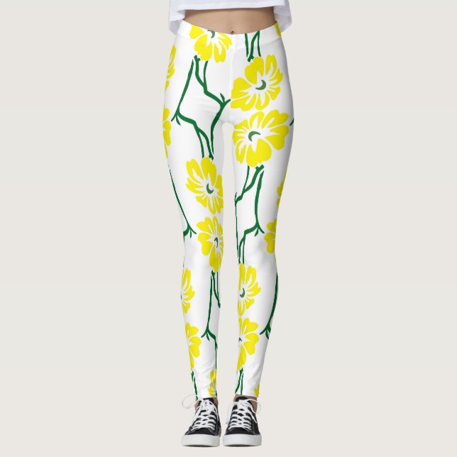 Yellow Flowers: Illustrated Seamless Pattern Leggings (Front)