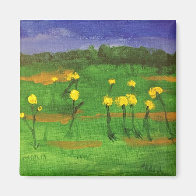 Yellow flowers in field painting magnet (Front)