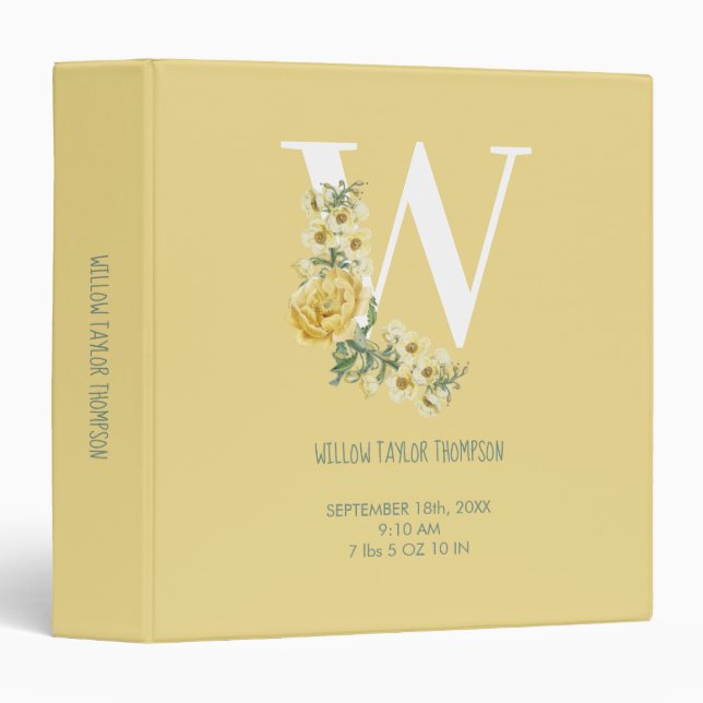 Yellow Flowers Initial Baby Birth Stats Baby Album 3 Ring Binder (Front/Spine)