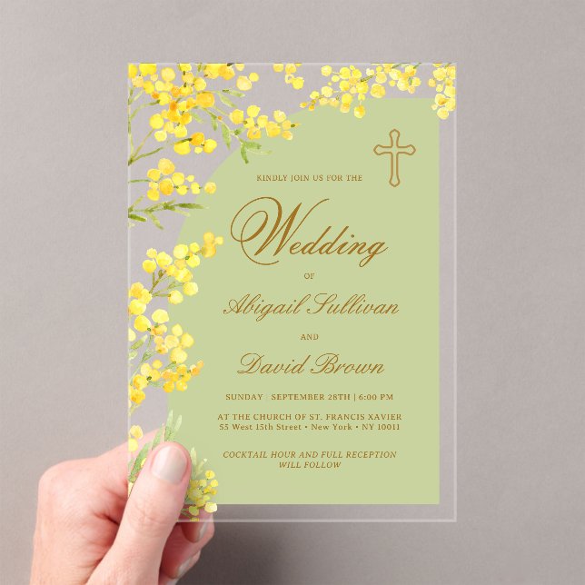 Yellow Flowers Lavender Arch Religious Wedding Acrylic Invitations (Insitu (Handheld))