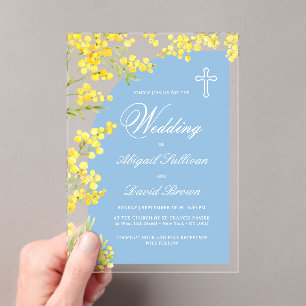 Yellow Flowers Light Blue Arch Religious Wedding Acrylic Invitations