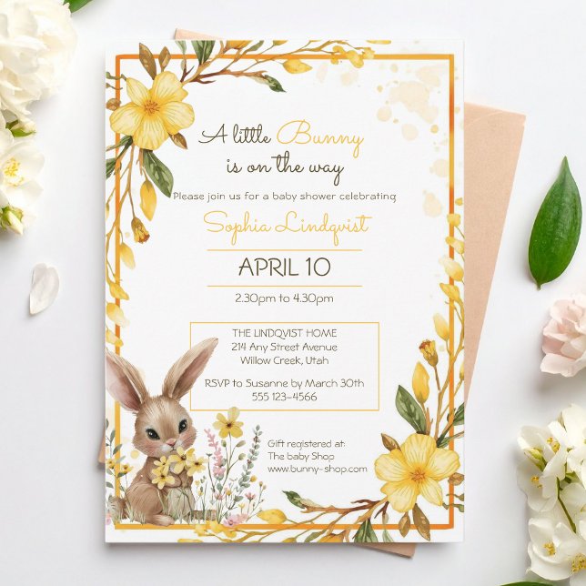 Yellow Flowers Little Bunny On The Way Baby Shower Invitation (Creator Uploaded)