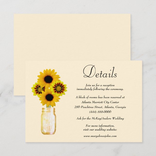 Yellow Flowers Mason Jar Wedding Details Enclosure Card (Front/Back)