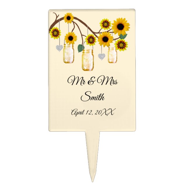 Yellow Flowers Mason Jars Wedding Cake Topper (Front)