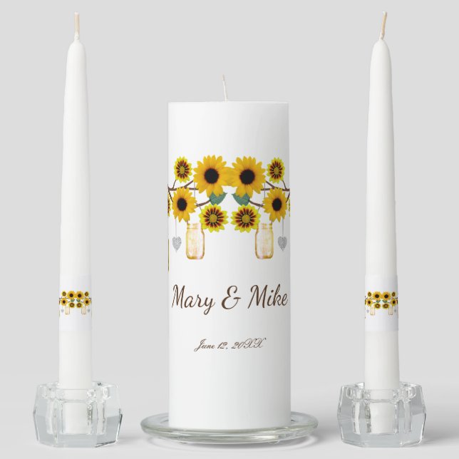 Yellow Flowers Mason Jars Wedding Unity Candle Set (Front)