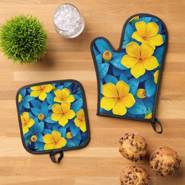 Yellow Flowers-Mediterranean Oven Mitt & Pot Holder Set (Top Down)