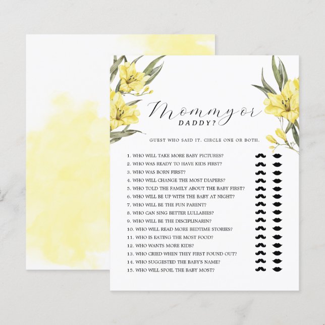 Yellow Flowers Mommy or Daddy Baby Shower Game (Front/Back)