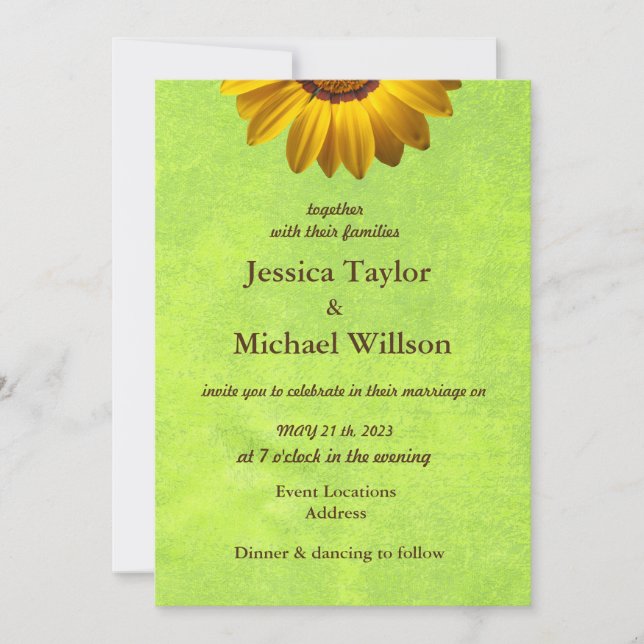 Yellow Flowers on Abstract Green Monogram Invitation (Front)