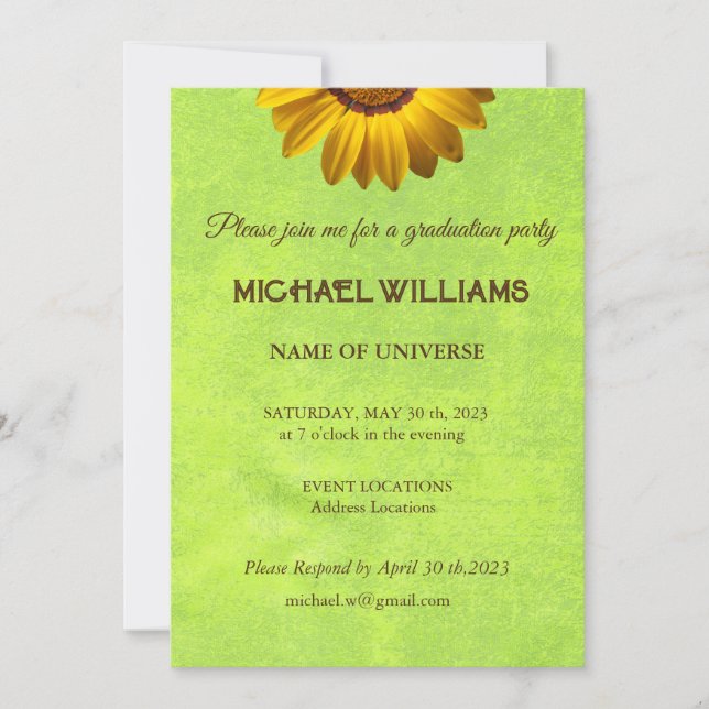 Yellow Flowers on Abstract Green Monogram Invitation (Front)