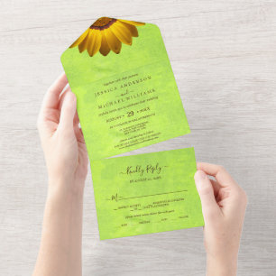 Yellow Flowers on Abstract Green Wedding All In One Invitation