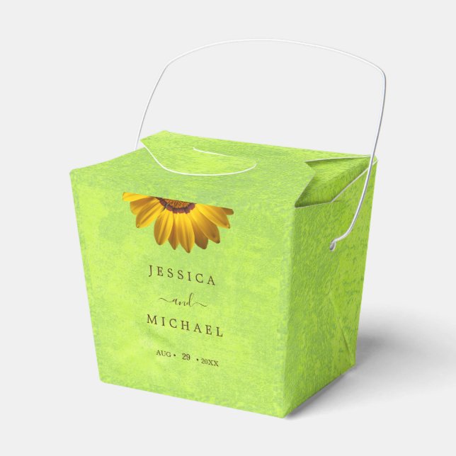 Yellow Flowers on Abstract Green Wedding Favor Boxes (Front Side)