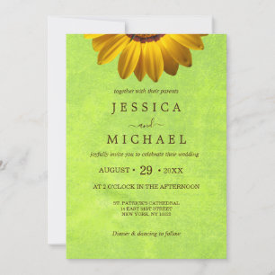 Yellow Flowers on Abstract Green Wedding Invitation