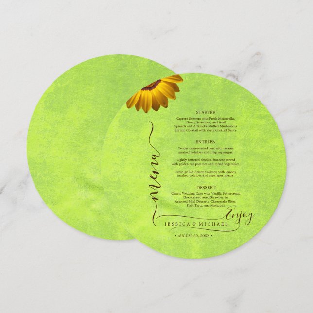 Yellow Flowers on Abstract Green Wedding Menu (Front/Back)