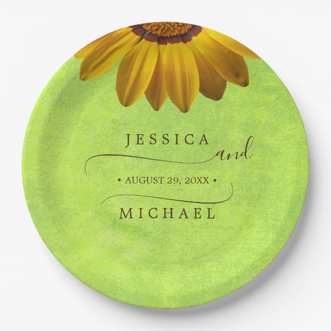 Yellow Flowers on Abstract Green Wedding Paper Plates (Front)