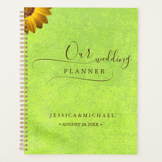 Yellow Flowers on Abstract Green Wedding Planner (Front)