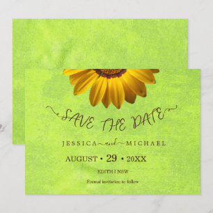 Yellow Flowers on Abstract Green Wedding Save The Date
