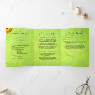 Yellow Flowers on Abstract Green Wedding Tri-Fold Program