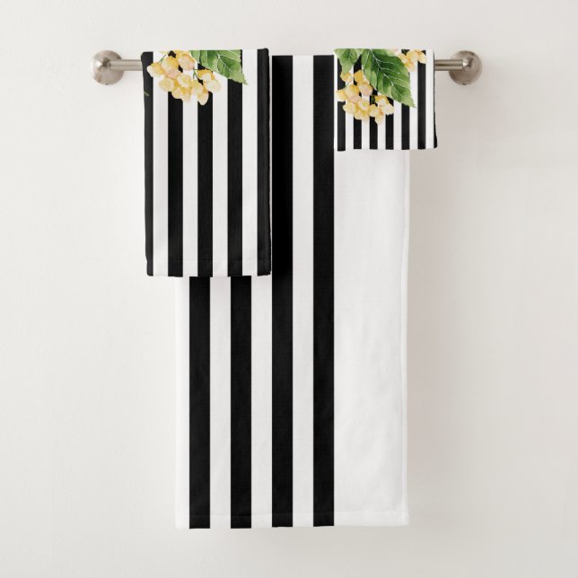 Yellow flowers on black and white stripes bath towel set (Insitu)