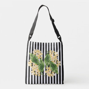 Yellow flowers on black and white stripes crossbody bag