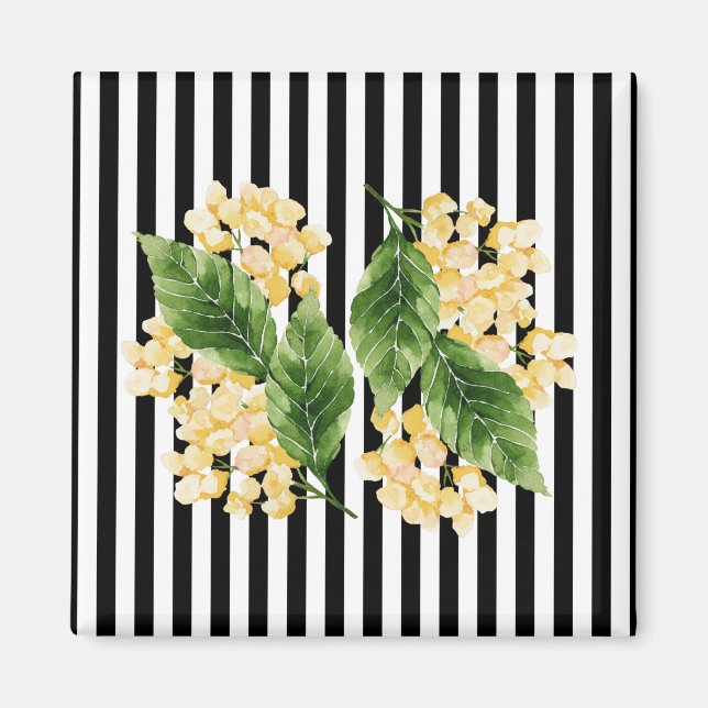 Yellow flowers on black and white stripes magnet (Front)